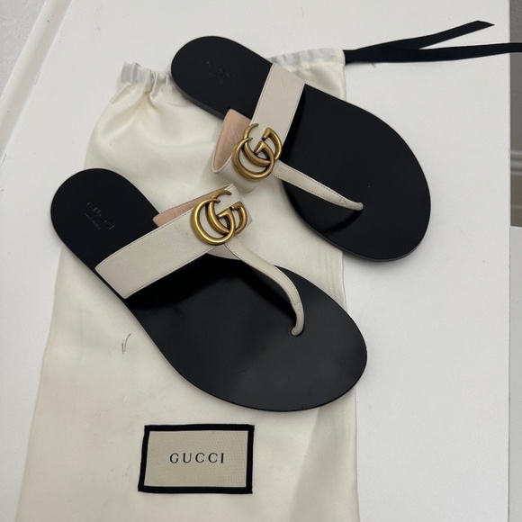 Gucci GG Thong Sandals* Eu 38.5/39* Beige Flat Flip Flop Marmont Logo - Picture 2 of 8